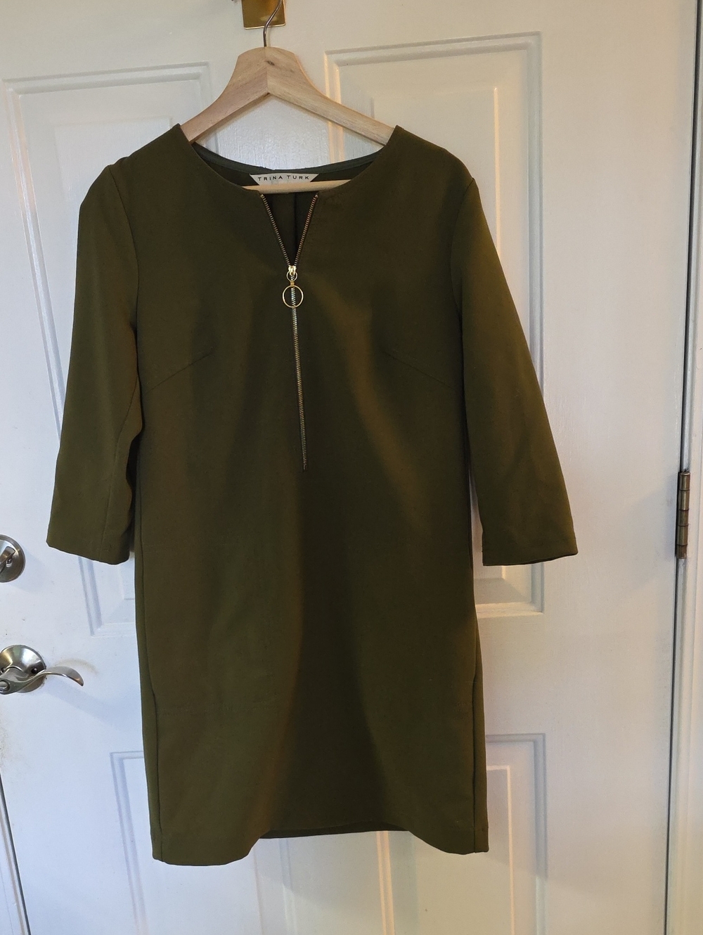 Trina Turk Olive Zip-Front Shift Midi Dress